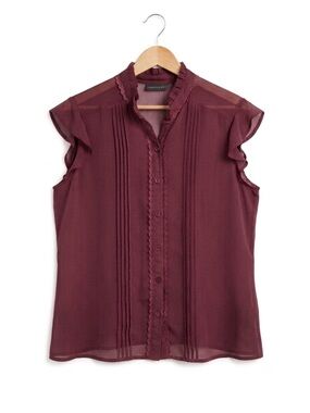 Apostrophe Dusty Plum Sheer Ruffle Blouse Large L Whimsical Feminine Preppy